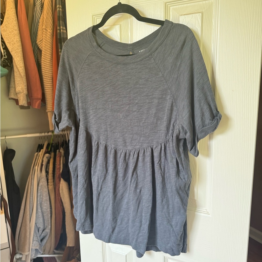 American Eagle Outfitters Gray Peplum Blouse Short Sleeve